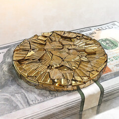 A shattered cryptocurrency resting on a stack of bank notes. - 445700610