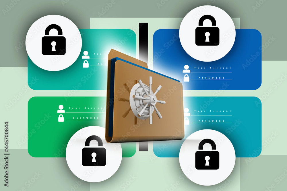 Poster Yellow folder and lock. Data security concept. 3D rendering