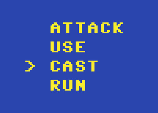 A typical list of choices from an imaginary 8-bit video game: attack, use, cast (marked with an arrow), run. Yellow text on a blue background.
