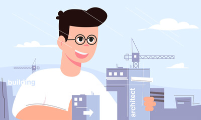 Vector illustration of an archetector building a new building. The architect builds a new home