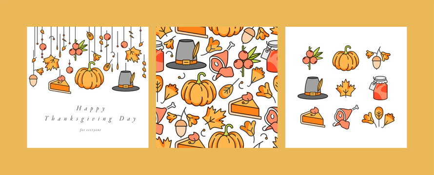 Vector linear design Thanksgiving day icons. Autumn seamless pattern. Invitation card.
