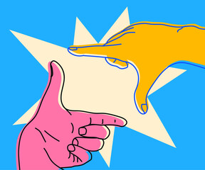 Hand frame or finger frame flat outlined illustration in trendy bright colors on blue background with blank space in the middle for text message. Vector illustration