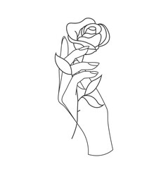Beautiful woman hand holding flower of rose isolated on white background. Minimalistic outlined illustration for logo or emblem or icon.
