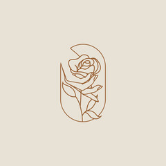 Female hand holding flower of rose logo or icon design isolated on light background for beauty saloon or flower shop or personal brand. Outlined vector illustration