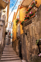 Narrow staircase in the alleys of the ancient mountain village of Pretoro in Abruzzo