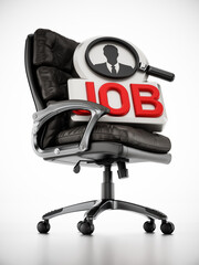 Black leather office chair with job text and businessman symbol. 3D illustration