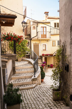 Architecture in the alleys of the ancient mountain village of Pretoro in Abruzzo