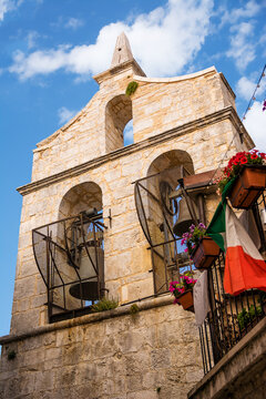 Bell tower of the church of Sant'Andrea Apostolo in the ancient mountain village of Pretoro in Abruzzo