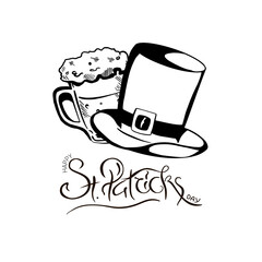 Happy Saint Patrick day Vector illustration. Hand drawn Leprechauns hat, beer glass and lettering.