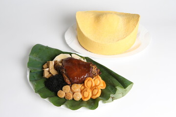 cny premium braised trotter pork leg with mixed seafood abalone, scallop, sea cucumber in handmade...