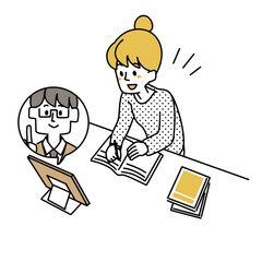 勉強しながらタブレットで講師に教えてもらっている女性