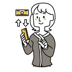 スマホでお金の入金をする女性のイラスト