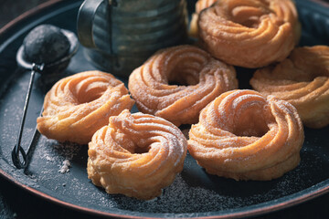 Homemade spanish donuts with sparkling sugar. Donuts baked at home.