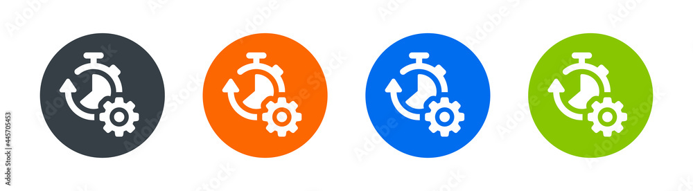 Poster productivity and efficiency icon set. timer with cogwheel symbol.