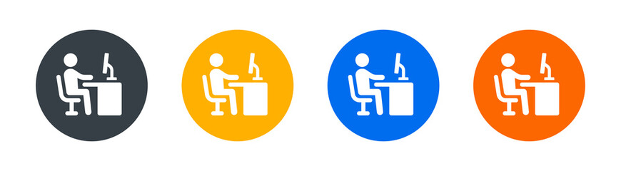 Person working on computer icon on button sign. Office worker vector symbol.