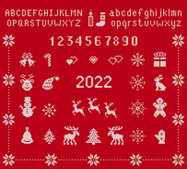 Christmas elements and knit font. Vector. Xmas seamless pattern. Fairisle ornament with type, numbers, snowflake, deer, bell, tree, gift box. Knitted sweater print. Red textured illustration