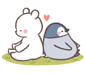 背中合わせの子供シロクマとペンギンヒナ
