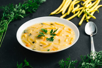 Green beans soup. Vegetable soup - obrazy, fototapety, plakaty