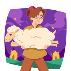 a teenage boy carrying a sheep