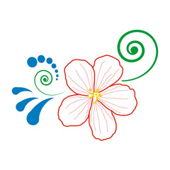 Single red flower, green curls, blue drops, full color composition. Hand-drawn vector. Fashion flower arrangement for decoration. Design element for wedding, pattern, illustration, print, internet.