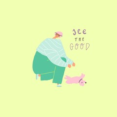 Elderly woman playing with the dog. Happy old people life. Vector hand drawn illustration