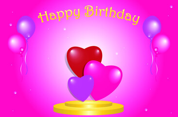 Happy Birthday greeting card with pink heart love on golden stage. for web, banner, invitation,etc. vector eps10