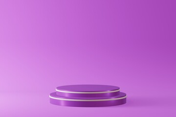 Stepped pedestal of two purple cylinders with white rings in studio lighting on purple background. 3d render.