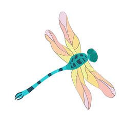 Blue-green dragonfly with rainbow wings in flight. Hand-drawn vector, flat style. Full color natural spring summer wildlife illustration, beautiful insect. For color pages, print, art decor, internet.