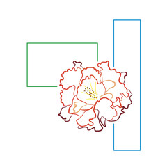 Red carnation flower and frame. Abstract full color composition with clove. Hand-drawn vector. Summer bloom, natural ornament. Festive decor for illustration, presentation, cover, wedding invitation.