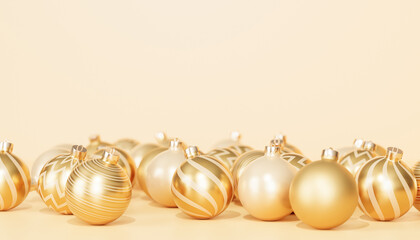 Christmas or New Year holidays banner background with golden baubles or ornaments, 3d render