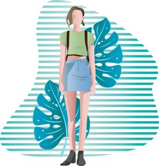 female character vector flat design on leaf background