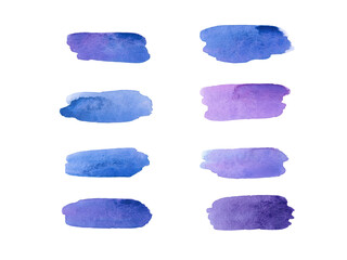 Watercolor violet, purple and blue color swatches set. Colorful brush strokes collection isolated on white. Horizontal color lines.