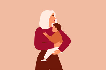 Fototapeta na wymiar Caucasian woman holds her baby boy with love and care. Strong working mother cuddles her child and looking forward. Vector illustration