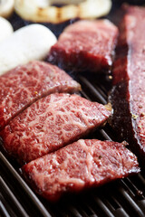 Grilled fresh raw beef on the grill