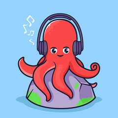 Cute octopus listen to music illustration
