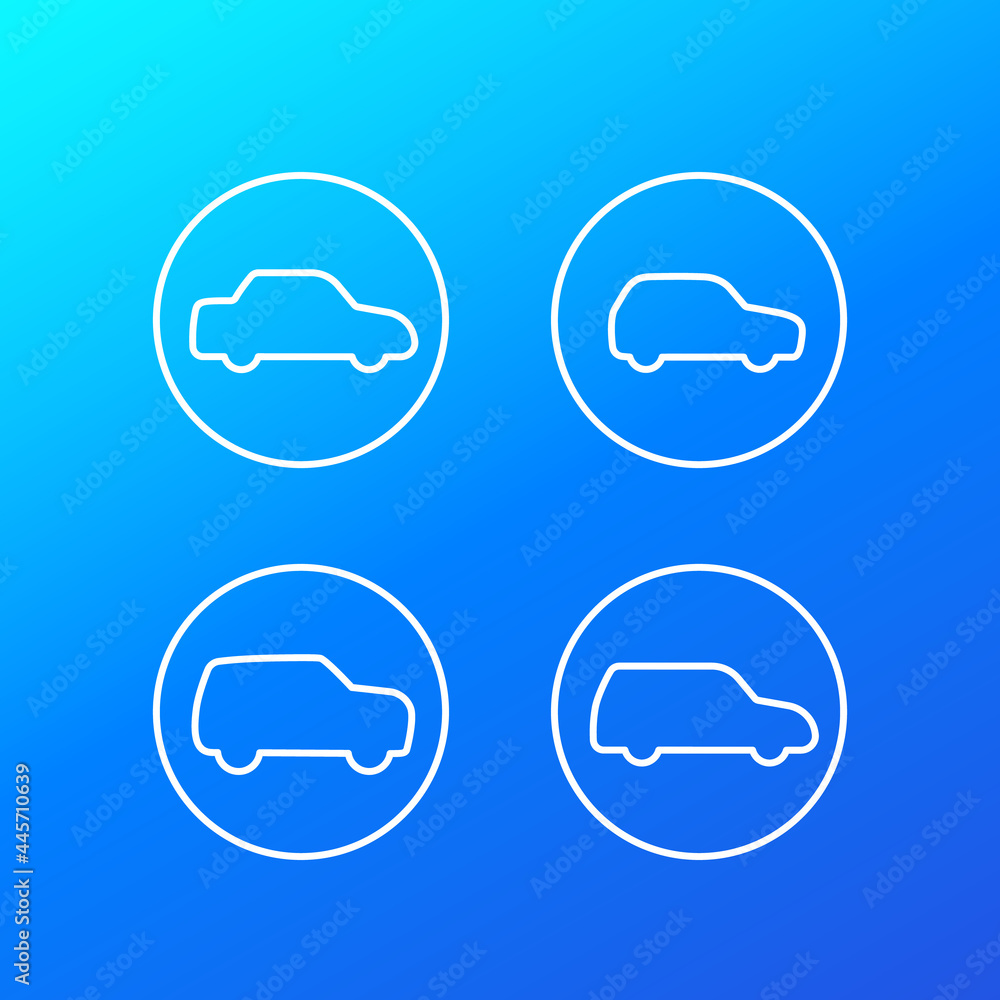 Sticker sedan, hatchback, suv and minivan linear icons