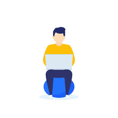 man with laptop sitting on fitball, young freelancer working, vector