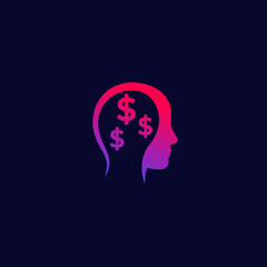 business ideas, money thinking icon with head and dollars