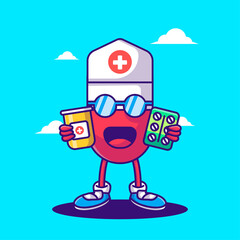 Cute Cartoon Vector Illustrations Pill Character holding Drugs. Pharmacy Day and Medicine Icon Concept