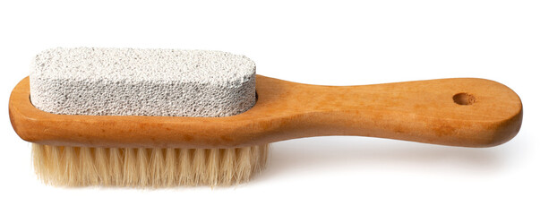 one boar bristles brush with Pumice foot stone, isolated on white background - obrazy, fototapety, plakaty