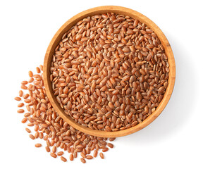 raw short-grain brown rice in the wooden bowl, isolated on white background, top view