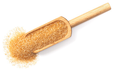 yellow sanding sugar in the wooden scoop, isolated on white background