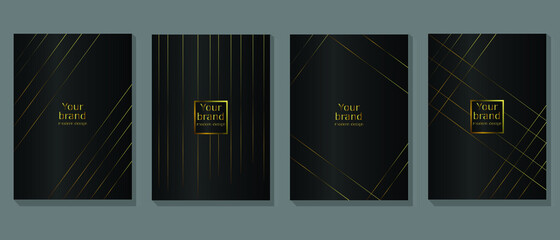 Modern black cover design set. Luxury dynamic gold  line . Creative premium stripe vector background for business catalog, brochure cover template, notebook, invite