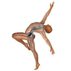 Anatomy of dancing and ballet, 3D illustration. A man in ballet pose with highlighted skeleton showing skeletal activity in ballet dancing