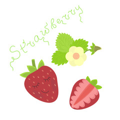 vector image on a white background strawberry with closed eyes, half strawberry, leaf and flower. hand lettering strawberry