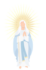 Most Holy Theotokos the Queen of Heaven. Virgin Mary in blue maforia prays meekly with rosary. Vector illustration for Christian and Catholic communities, design, decor of religious holidays - obrazy, fototapety, plakaty