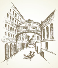 Street canal in Venice. Vector drawing