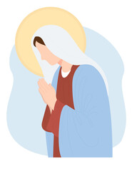 Most Holy Theotokos, Queen of Heaven. Virgin Mary, Mother of God prays meekly. Vector illustration for Christian and Catholic communities, design, decor of religious holidays