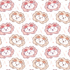 Cute animalistic seamless pattern for nursery design. Funny muzzles of sheep in baby doodle style. Cool pastel pink print for wallpaper in the girl's room, bedding, clothes. Domestic farm animals