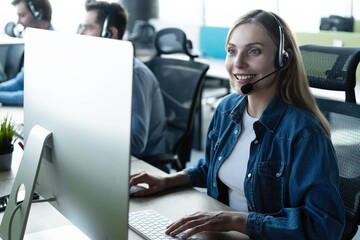 How can I help you? Beautiful call center workers in headphones are working at modern office